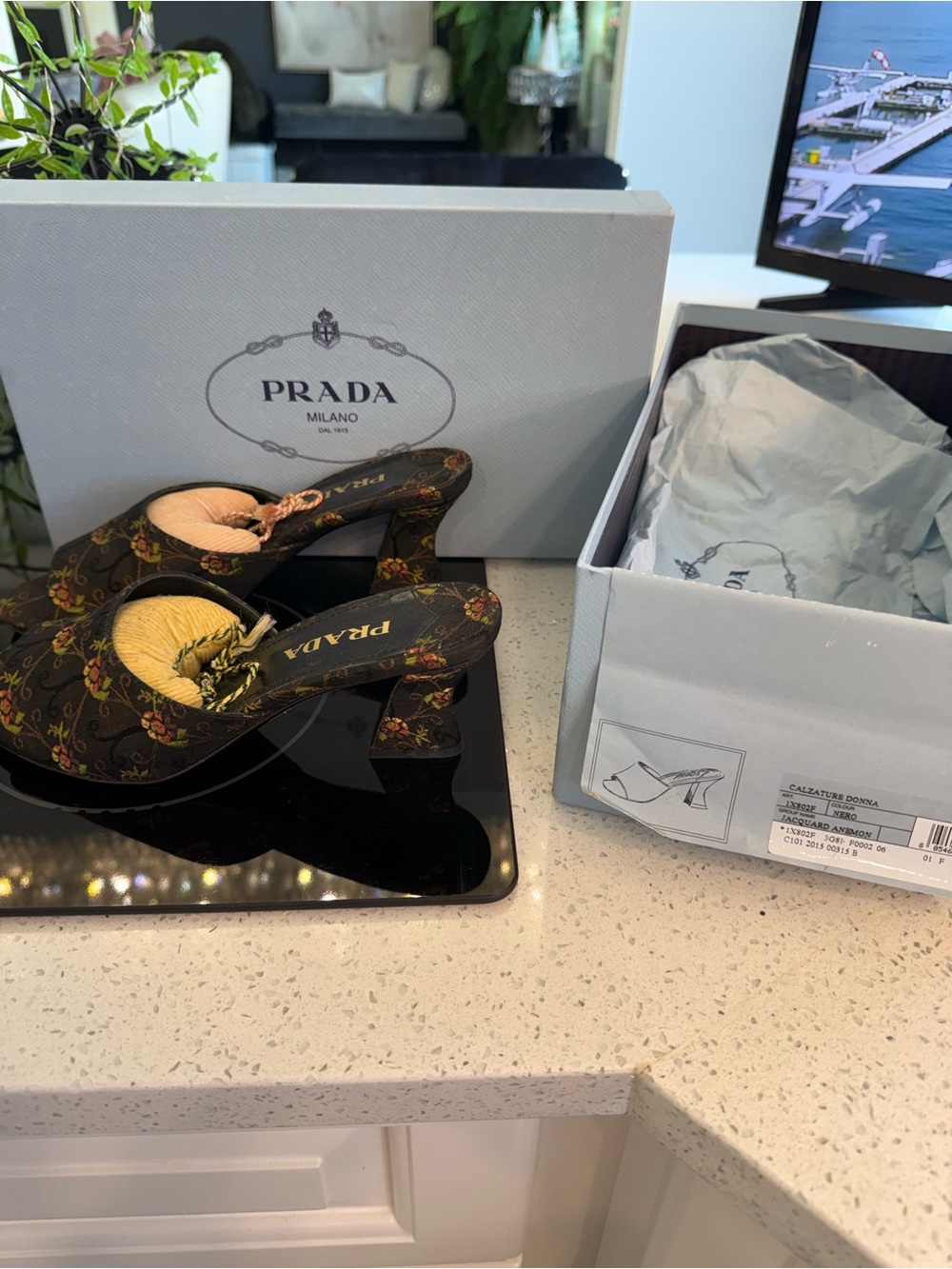 Prada Black Jacquard Anemone Mules sz 36.5
